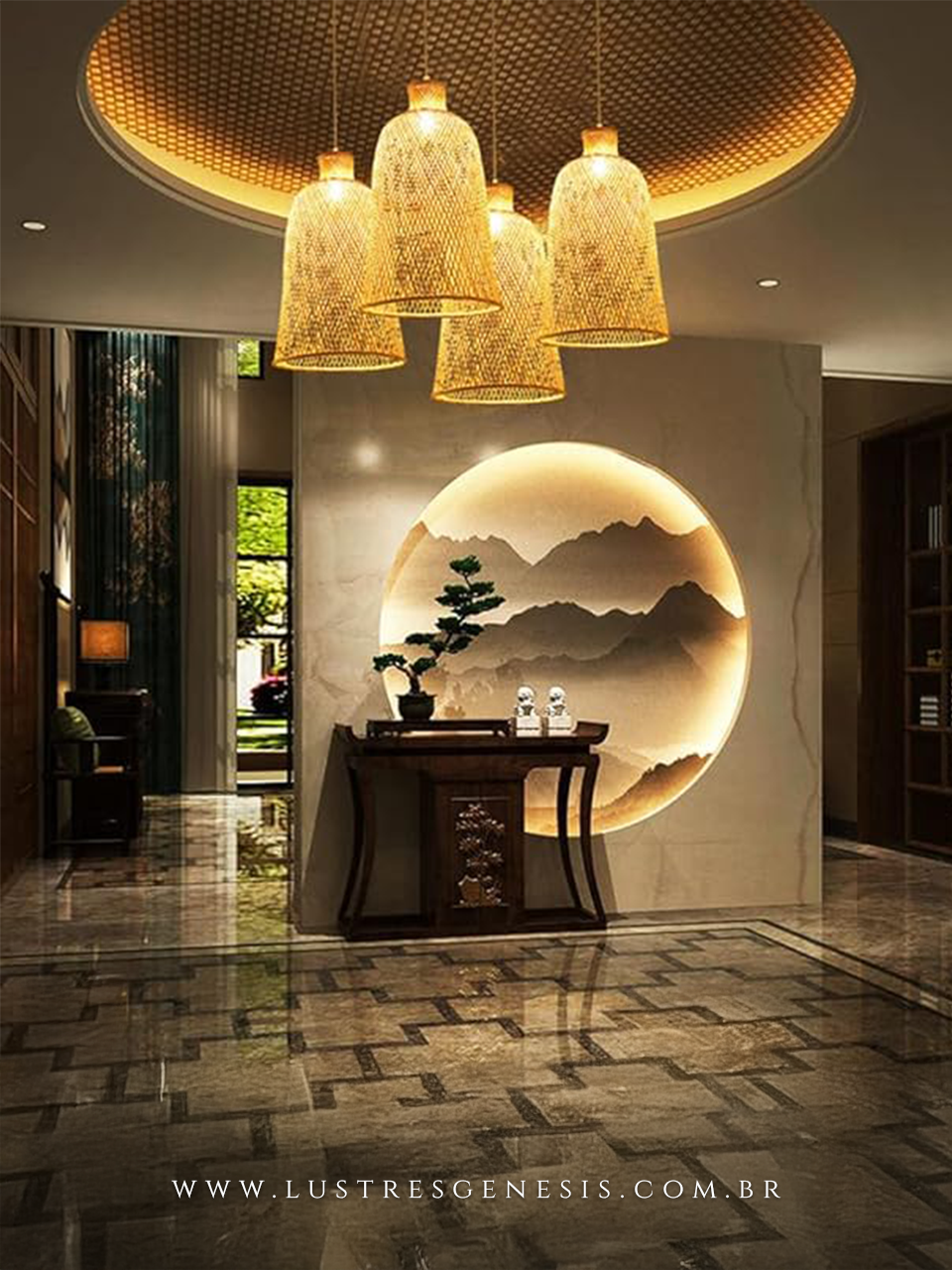 Lustre de fibra de bambu Gaia Ø20cm pendente, iluminado, projetando sombras decorativas em ambiente interno.
